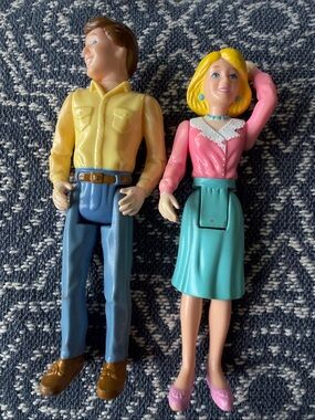Pair of Retro Plastic Figures in Yellow, Pink & Teal